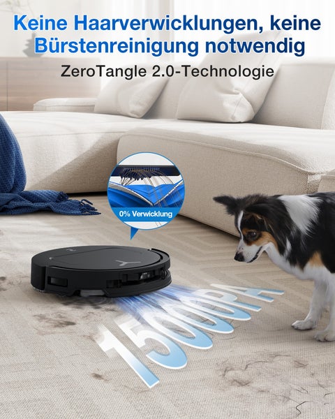 Ein Staubsaugerroboter mit ZeroTangle 2.0 Technologie reinigt einen Teppich mit Tierhaaren, daneben steht ein Hund