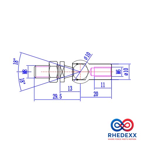 Technische Zeichnung eines Winkelgelenks mit Bemaßungen in Millimetern, 18 Grad Winkeln und RHEDEXX Logo.