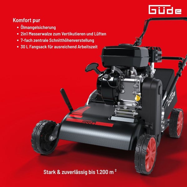 Benzin Vertikutierer Güde für Rasenflächen bis 1200 Quadratmeter mit 2 in 1 Walze, zentraler Schnitthöhenverstellung und 30 Liter Fangsack.
