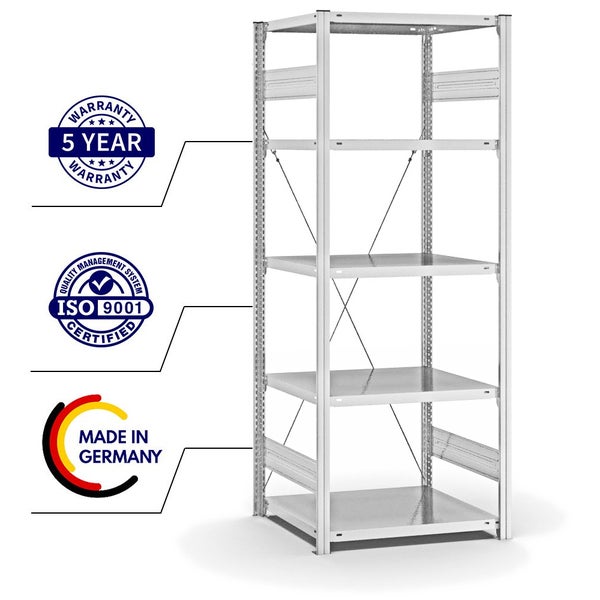 PROREGAL Fachbodenregal Stecksystem T-Profil Light-Duty Grundregal HxBxT 200 x 75 x 60 cm 5 Ebenen Fachlast 140 kg Einseitig Nutzbar Lichtgrau