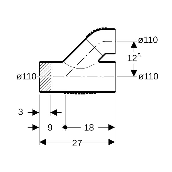 Technische Zeichnung eines Rohrfittings mit Maßangaben, Durchmesser 110 Millimeter.