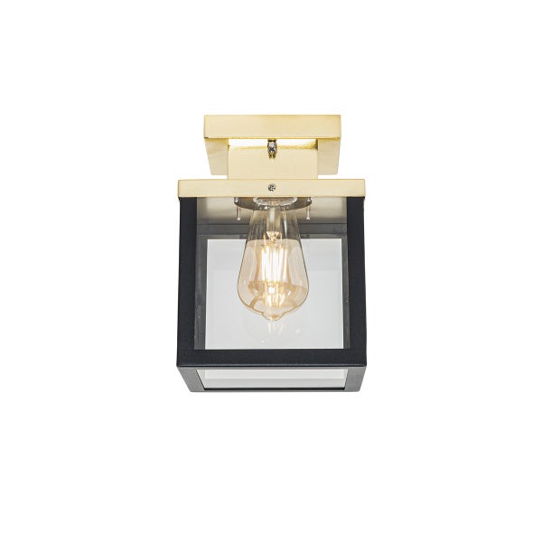 Wandleuchte im Laternen-Stil aus Metall in Schwarz und Gold mit Glas-Einsätzen und sichtbarem Leuchtmittel.