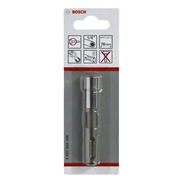 Bosch Logo. Bohrerverlängerung mit einer Viertel Zoll Aufnahme und 78 Millimeter Länge in Verpackung.