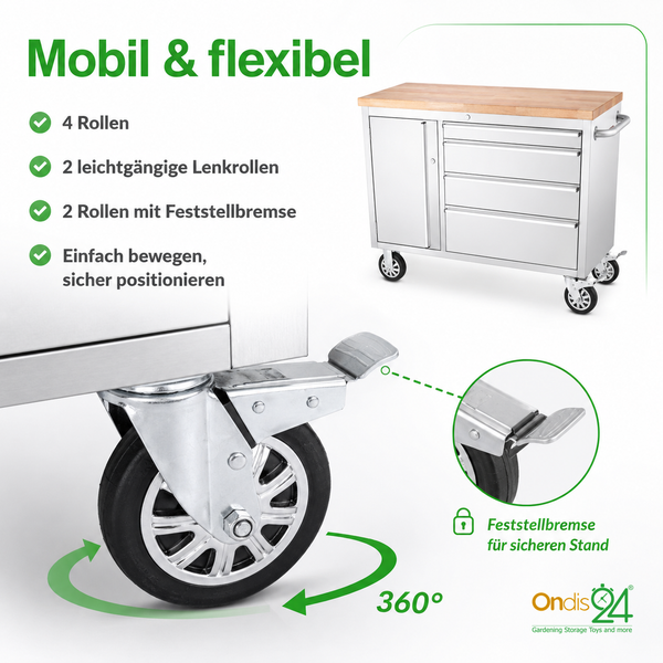 Mobiler Werkstattwagen aus Edelstahl mit Holzplatte, vier Rollen, zwei Lenkrollen und Feststellbremsen für 360 Grad Beweglichkeit.