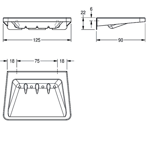 Maßzeichnung für Seifenschale, Breite 125 Millimeter, Tiefe 90 Millimeter, Höhe 22 Millimeter, Montageabstand 75 Millimeter.