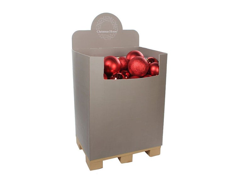 Verkaufsdisplay gefüllt mit runden Weihnachtskugeln für die Weihnachtsdekoration.