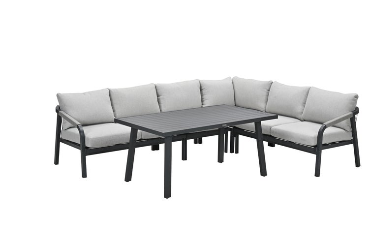 Modernes Garten-Lounge-Set bestehend aus einem Ecksofa mit grauen Polstern und einem passenden rechteckigen Gartentisch aus Metall.