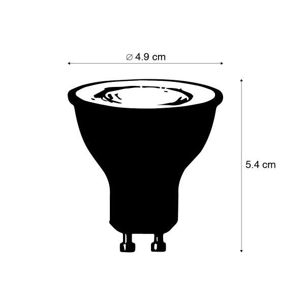 Abmessungen eines GU10 Leuchtmittels: Durchmesser 4,9 Zentimeter, Höhe 5,4 Zentimeter.