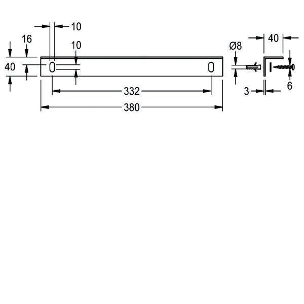 Technische Zeichnung einer Montageschiene mit Maßangaben in Millimeter: Länge 380, Lochabstand 332, Höhe 40 und Seitenansicht eines L-Profils.
