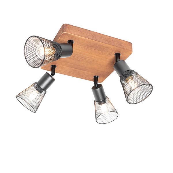 Deckenleuchte mit vier Strahlern und Holzplatte