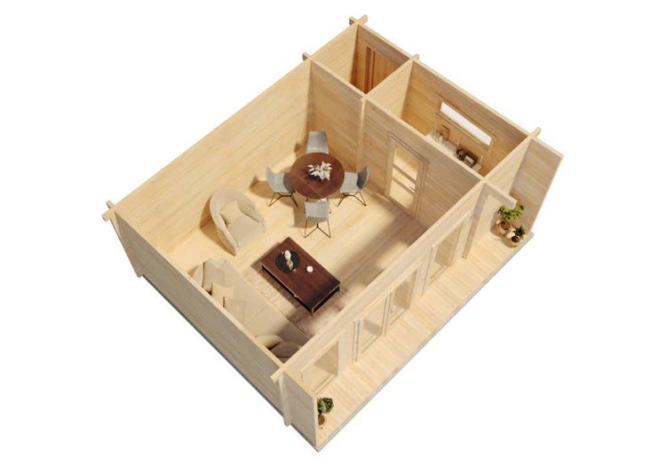 3D-Grundriss eines Gartenhauses aus hellem Holz mit Wohnbereich, Esstisch, Sofa und separatem Nebenraum, hell und geräumig eingerichtet.