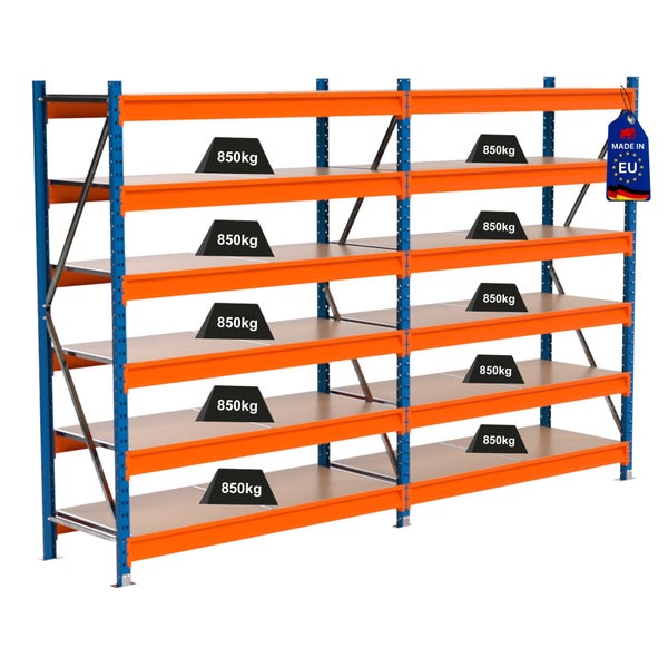 Schwerlastregal mit acht Regalböden und Traglastangabe 850 kg pro Boden
