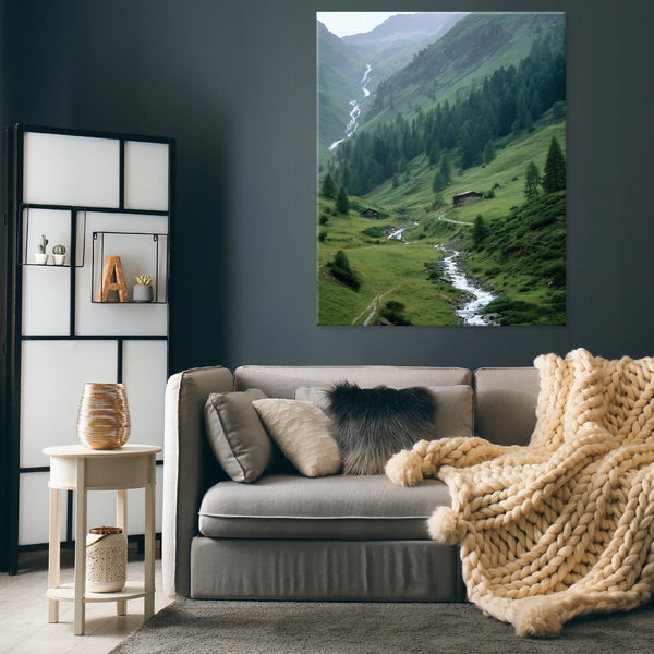 Wohnzimmer mit grauem Sofa, grob gestrickter Decke, Beistelltisch und großem Wandbild mit alpiner Berglandschaft und Wasserfall.