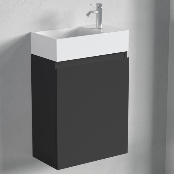 Wandhängender Waschtisch mit Unterschrank und Armatur in modernem Design für kleine Badezimmer oder Gäste WCs.
