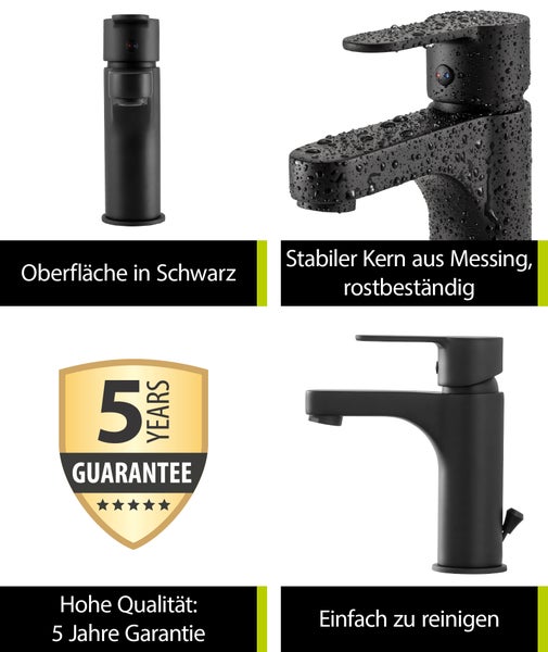 Vier Ansichten einer schwarzen Waschtischarmatur mit fünf Jahren Garantie