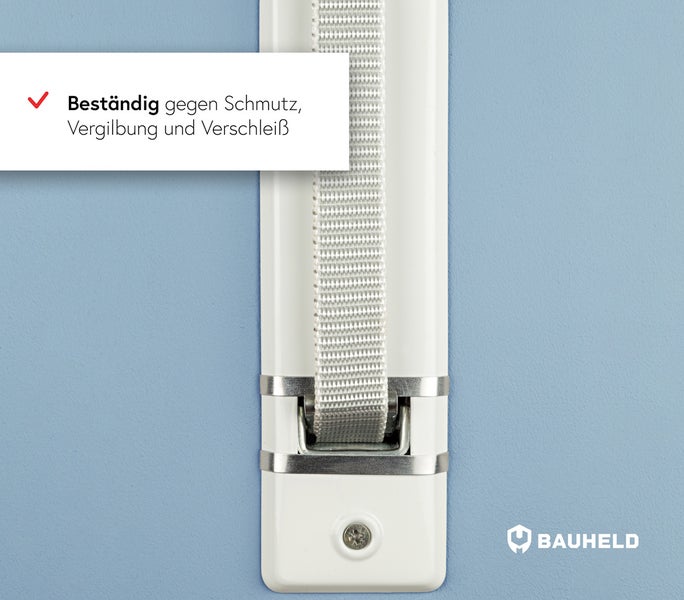 Detailansicht eines Rollladengurts mit dem Hinweis: Beständig gegen Schmutz, Vergilbung und Verschleiß