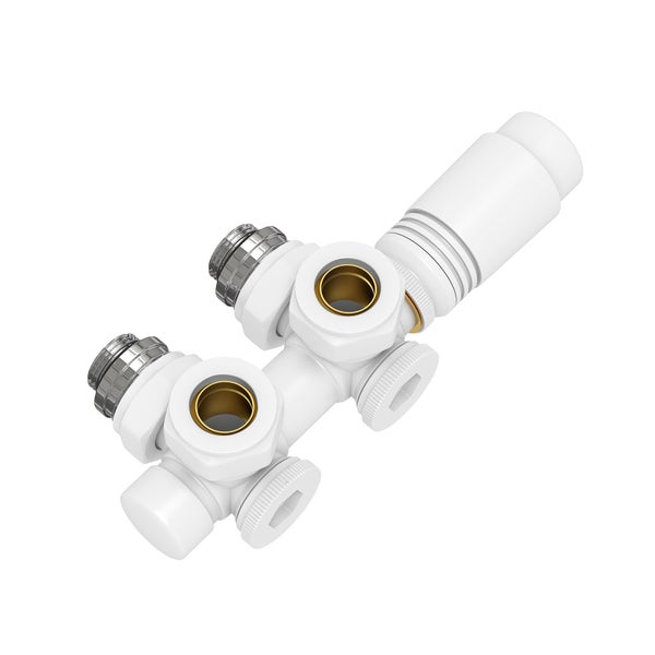 EMKE Heizkörperthermostat Multiblock-Set – Anschlussarmatur mit Thermostat für Heizkörper und Handtuchtrockner, Heizungszubehör in Eck- und Durchgangsform φ16 φ15xG1/2, Weiß