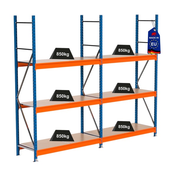 Regal mit drei Ebenen und einer Traglast von 850 Kilogramm pro Ebene