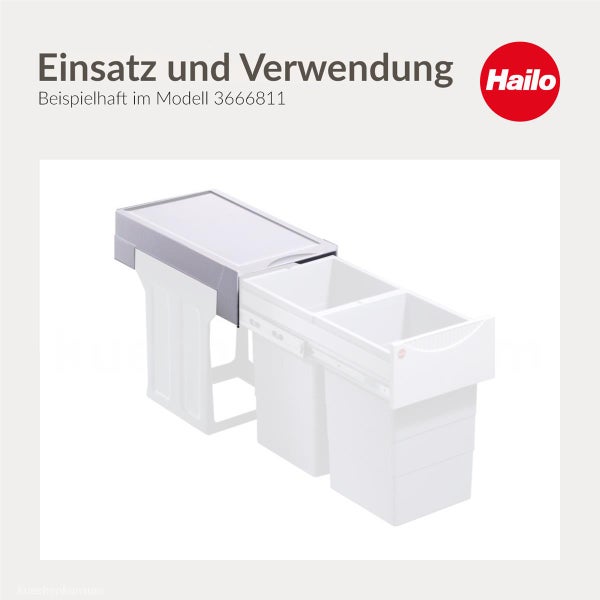 Hailo Logo. Ausziehbares weißes Mülltrennsystem aus Kunststoff mit zwei Abfallbehältern für den Einbau im Küchenunterschrank.