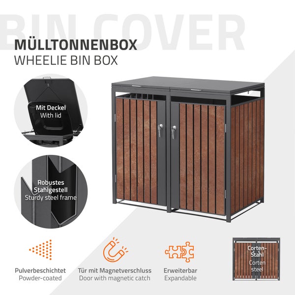 Mülltonnenbox für zwei Tonnen mit robustem, pulverbeschichtetem Stahlgestell, Cortenstahl-Paneelen, Deckel und Türen mit Magnetverschluss.