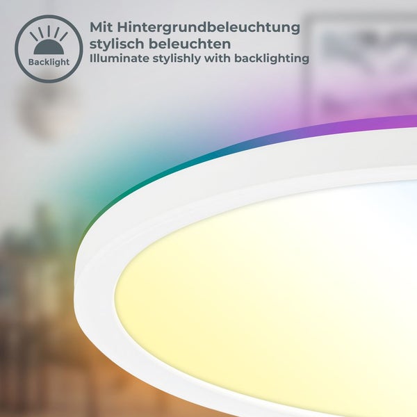 Rundes LED-Panel mit integrierter Hintergrundbeleuchtung für indirektes Licht an Wand oder Decke.