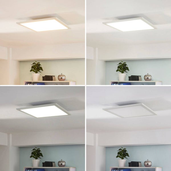 Quadratisches LED Deckenpanel in vier Einstellungen: warmweißes Licht, neutralweißes Licht, kaltweißes Licht und ausgeschaltet.