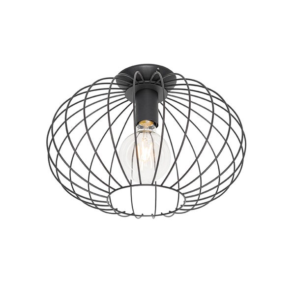 Schwarze Deckenleuchte mit Drahtgeflecht und Glühbirne