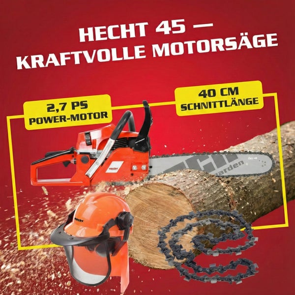 Hecht 45 Motorsäge mit 2,7 PS Motor, 40 cm Schnittlänge, Kette und Schutzhelm.