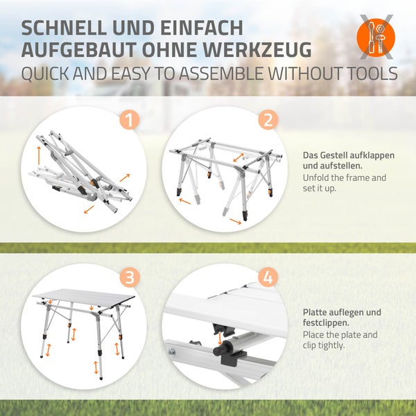 ML-Design Campingtisch faltbar Silber, 90x51,5 cm, Aluminium Klapptisch höhenverstellbar 46-66,5 cm, Belastbarkeit 30kg, Aufrollbare Tischplatte, Falttisch klappbar, Gartentisch Balkontisch Reisetisch