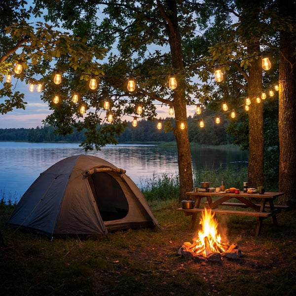 Außenbeleuchtung mit Lichterketten über einem Zeltplatz am See mit Lagerfeuer und Picknicktisch.