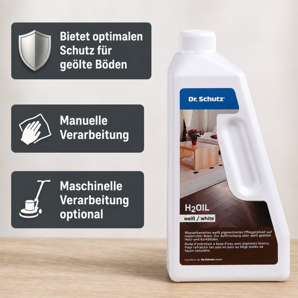 Dr. Schutz H2OIL weißes Pflegeöl für geölte Holz- und Korkböden in einer Flasche mit Anwendungshinweisen