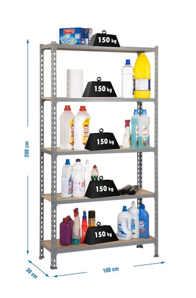PROREGAL Schwerlastregal Big Muli HxBxT 200 x 100 x 30 cm 5 Fachböden Fachlast 150 kg Grau