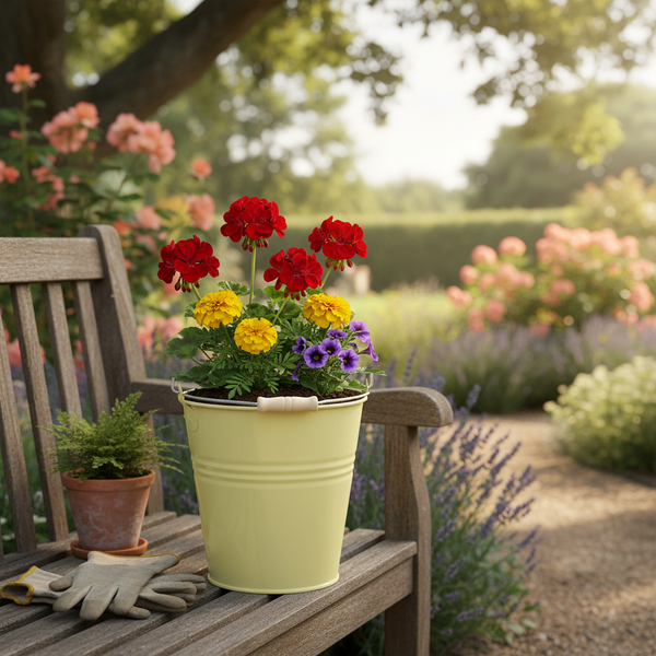 Bunte Blumen in einem gelben Metalleimer auf einer Gartenbank aus Holz, daneben Gartenhandschuhe und ein kleiner Pflanztopf.