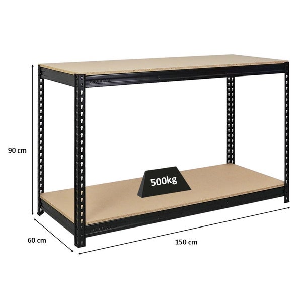 PROREGAL Profi Werkbank STRONG BEAST, HxBxT 90x150x60cm mit Fachlast 500kg, 2 Ebenen, Schwarz
