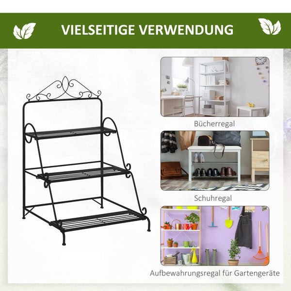 Outsunny Blumentreppe aus Metall 3 Stufen Pflanzenständer Pflanzentreppe Leiterregal Blumenständer innen draußen Schwarz 60,5 x 59,5 x 95,5 cm