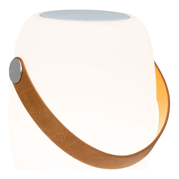 Cardiff Outdoor Lampe LED mit Lederriemen, Bluetooth Lautsprecher, wiederaufladbar weiß. 18 X 18 X 21 cm
