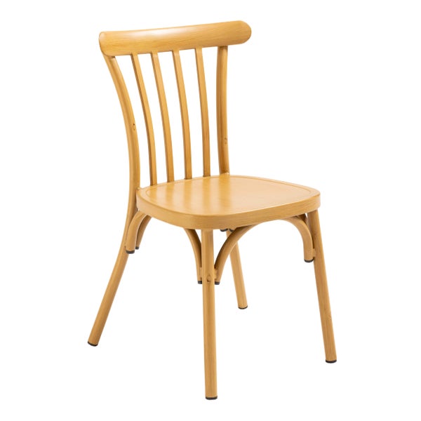 Holzstuhl mit Sprossenlehne, runder Sitzfläche und gebogenen Verstrebungen, hellbraun.