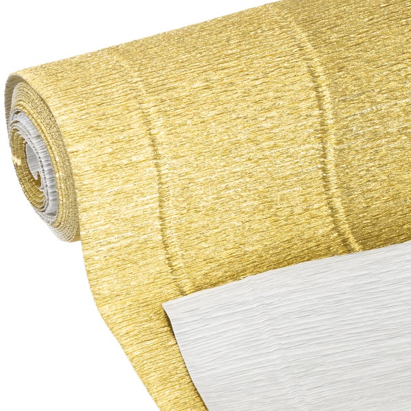 Rolle aus goldenem Krepppapier mit strukturierter, feiner Fältelung für Bastelarbeiten.