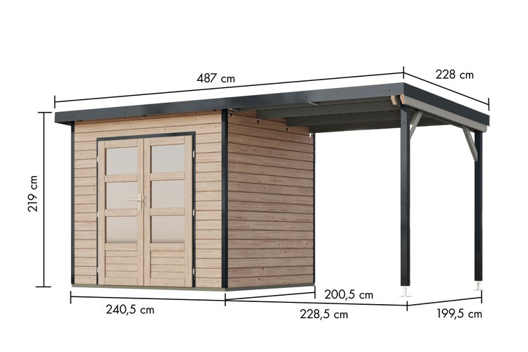 Gartenhaus aus Holz mit Doppeltür und Anbaudach, Maße 487 mal 228 mal 219 Zentimeter.