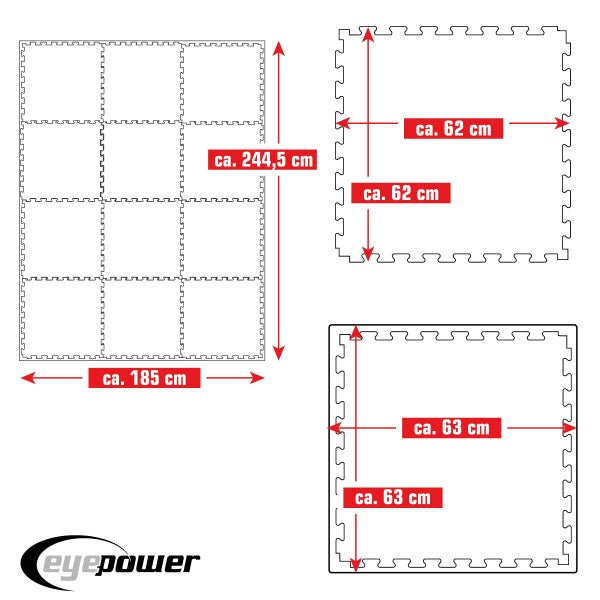 4.8qm Profi Fitnessmatte 2cm - 12er Set 63x63 Bodenschutzmatte für Fitnessgeräte Blau Rot