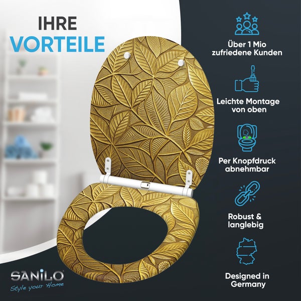 Sanilo Logo, WC-Sitz mit Blattmuster. Merkmale: einfache Montage von oben, abnehmbar per Knopfdruck, robust, langlebig, in Deutschland entworfen.