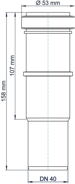 Technische Zeichnung eines Rohrstücks mit Durchmesser 53 Millimeter, Gesamtlänge 158 Millimeter, Teillänge 107 Millimeter und Nennweite 40.