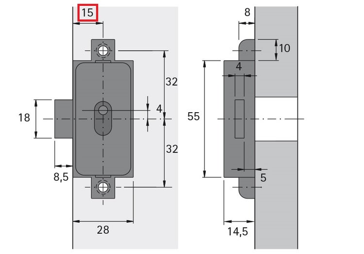 Technische Zeichnung eines Möbelschlosses mit Maßangaben