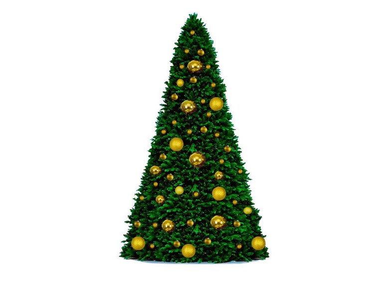 Künstlicher Weihnachtsbaum geschmückt mit glänzenden und matten Kugeln in verschiedenen Größen.