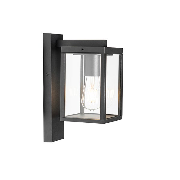 Moderne Außenwandleuchte in Anthrazit aus Metall und Glas mit sichtbarem Leuchtmittel im Industriedesign.