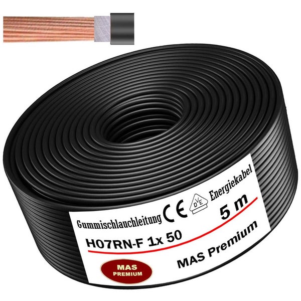 Schwarze Gummischlauchleitung H07RN-F 1 x 50, Länge 5 Meter, MAS Premium, mit CE-Kennzeichnung und VDE-Prüfzeichen.