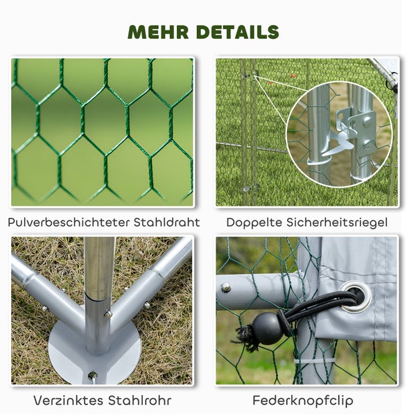 Details eines Geflügelgeheges: pulverbeschichteter Stahldraht, Sicherheitsriegel, verzinktes Stahlrohrgestell und Federknopfclip.