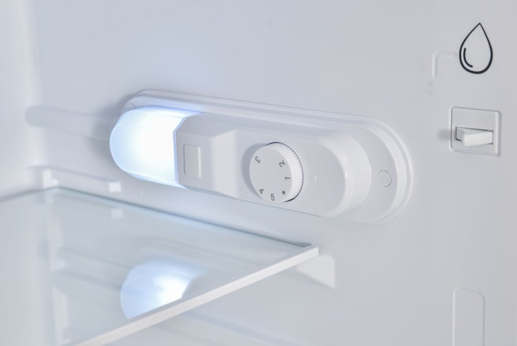 Innenansicht eines Kühlschranks mit Temperaturregler und Lampe
