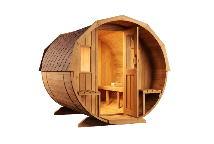 Fasssauna aus Holz für den Außenbereich mit Vordach, Sitzbänken, Fenster und Schindeldach.