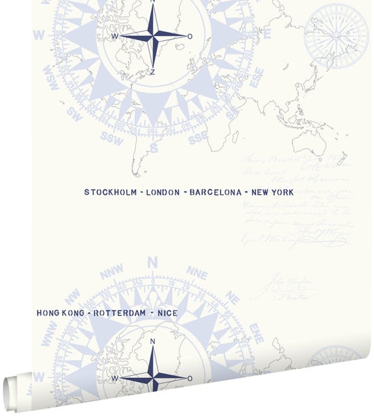 Weltkarte mit Kompassrosen und Städtenamen